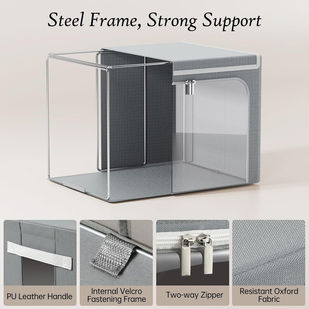 Yecaye Clothes Storage Bins - 40L Foldable Organizer with Metal Frame & Clear Window | Stackable Zippered Bags