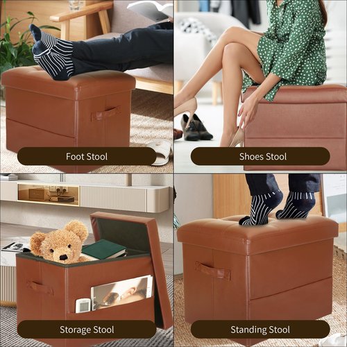 BelugaHelper Storage Ottoman Foot Rest Stool. Folding Ottoman with Storage with Thicker Foam Padded Seat. 330 lbs Footstool Bench for Living Room, Bedroom, Home Office Table, 17x13x13in, Light Brown