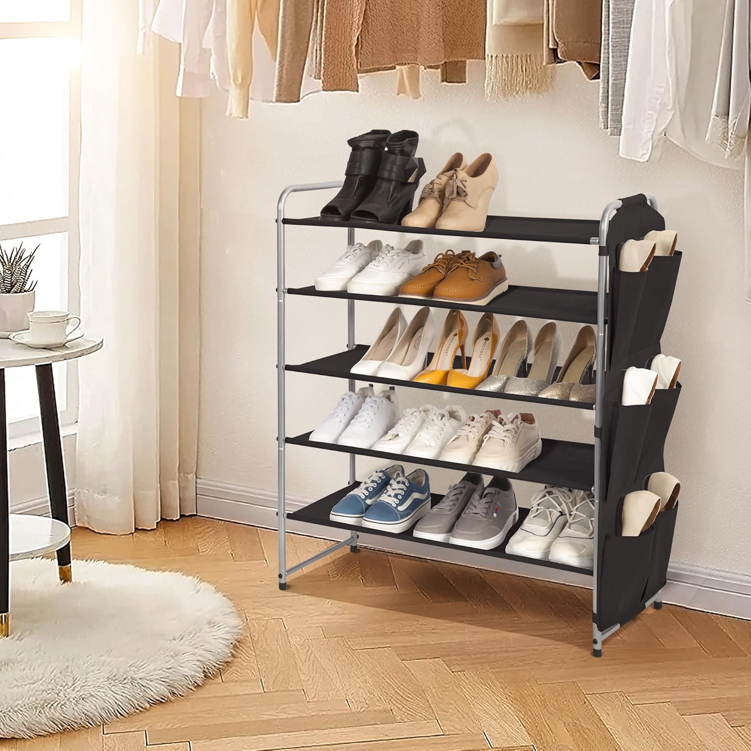 Storage Maniac 5-Tier Shoe Rack - Compact Metal Organizer with 6 Side Pockets | Holds 23 Pairs, Black