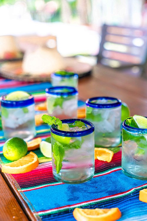 EMPORION Set of 6 Hand-Blown Tumbler (10 oz) Glasses from Mexico with Cobalt Blue Rim - Rustic & Handcrafted Recycled Bubble Glass Drinking Glassware
