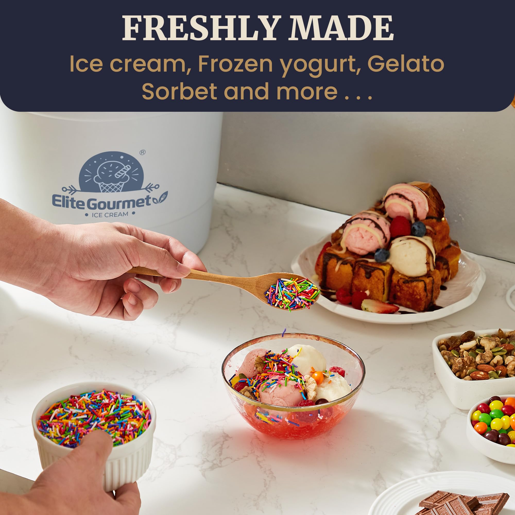 Elite Gourmet 4Qt Electric Ice Cream Maker EIM350 Delicious Homemade Ice Cream, Gelato, Sorbet, Frozen Yogurt, 4Qt Aluminum Freezing Cannister, Durable Plastic Ice Bucket, Powerful 50W, Periwinkle