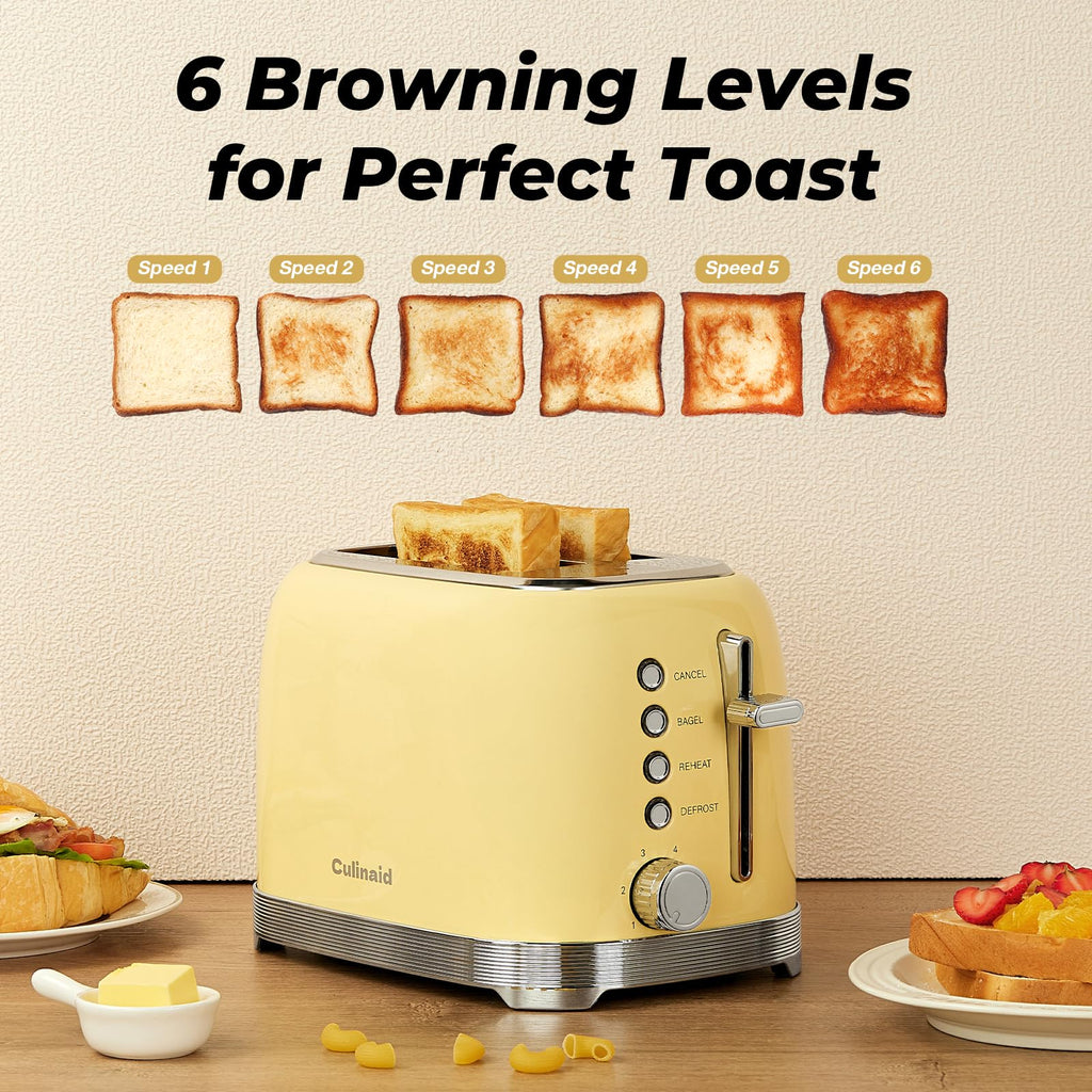 Culinaid Toaster 2 Slice Retro Stainless Steel with 1.5” Extra Wide Slots Bagel, Defrost, Reheat, Cancel Functions, 6 Bread Shade Settings, Removable Crumb Tray, Yellow