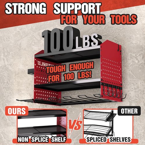 **Skiennix Power Tool Organizer - Heavy Duty Wall Mount Rack with Charging Station | 4 Drill Holders, Red**