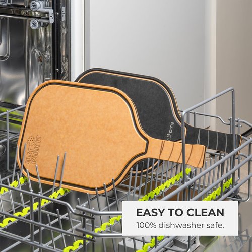 Elihome Pickleball Charcuterie & Cutting Board, Pickleball Gifts for Women Men, Wood Fiber 16 x 8.5, Paddle Shape with Handle, Dishwasher Safe, Reversible Design, Juice Groove "Just One More Game"