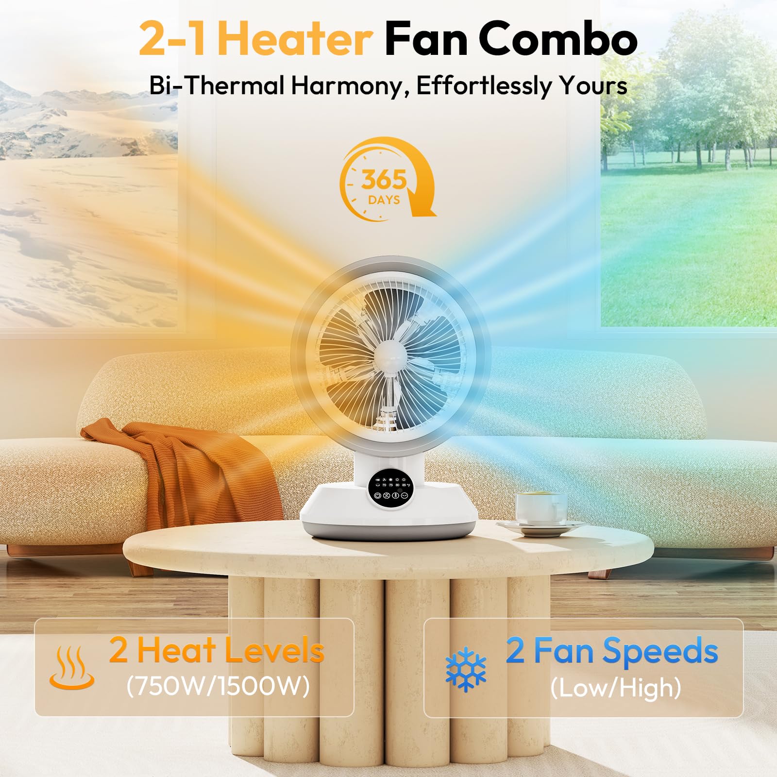 Rellytech 2-in-1 Heater Fan Combo, Portable Cooling Desk Fan with 60° Oscillation for Indoor Use, 1500W Portable Space Heater for Bedroom Office, Tip-Over Protection,Valentine’s Day Gift