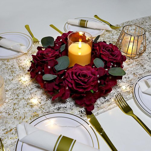 Artificial Flower Candle Rings - 6-Inch Burgundy Rose Wreaths with Butterflies for Wedding & Christmas Decor