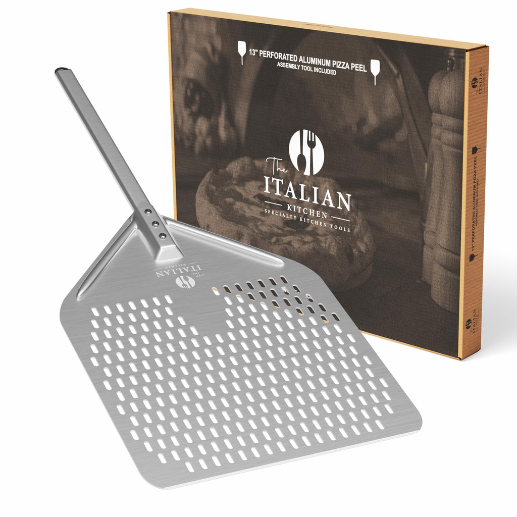 The Italian Kitchen Perforated Pizza Peel - Professional 13 x 16.7 Metal Pizza Peel Paddle - 27.3 Overall Aluminum Pizza Peel - Works With All Pizza Ovens, Stones & Grills Silver
