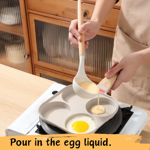 Foorey Home Egg Pan 4 Cup Nonstick Frying Omelette Pan with Lid for Breakfast Skillet for Eggs Pancake with 1 Spatula 1 Brush White