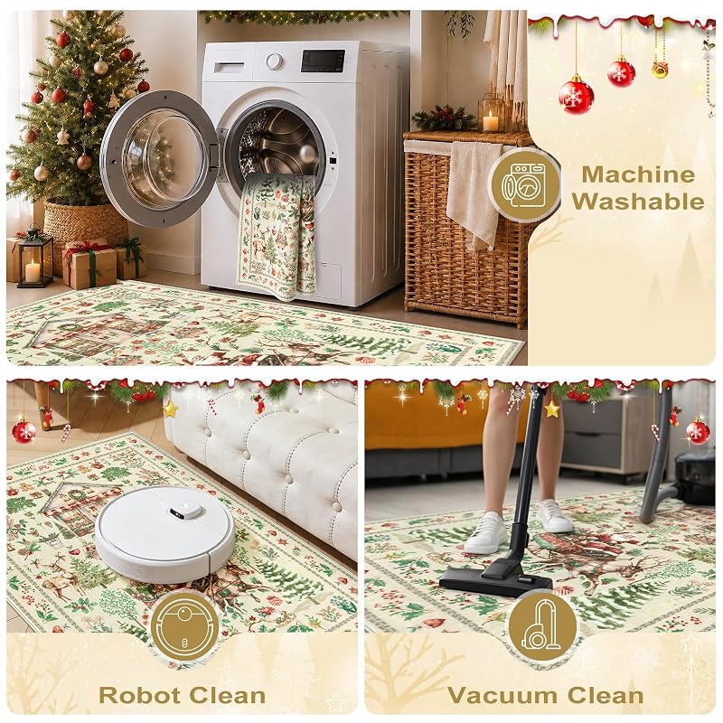 Beige Santa Claus 5x7 Area Rug - Xmas Christmas Living Room, Washable, Non-Slip Backing