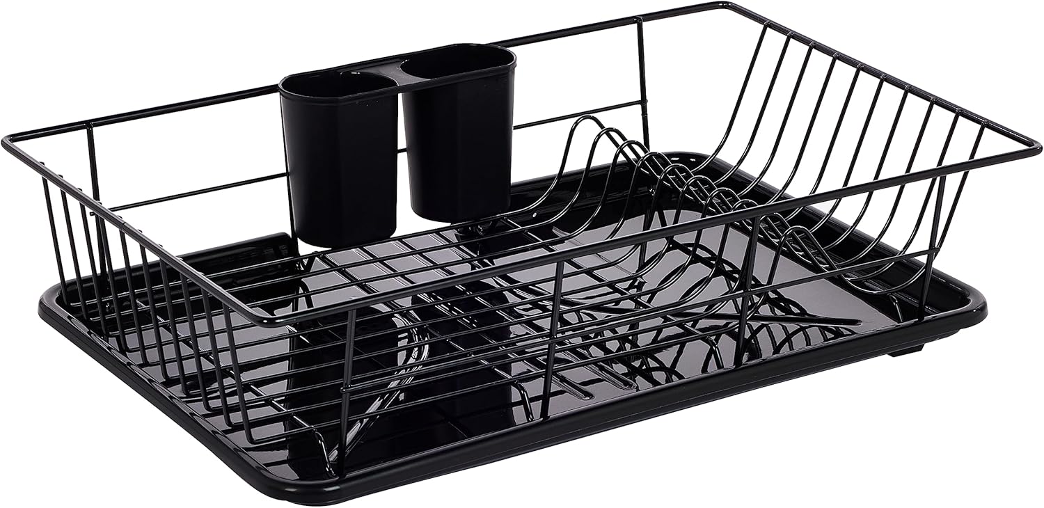 Sweet Home Collection Dish Drainer & Utensil Holder - Easy To Use, 12" x 19" x 5", Black