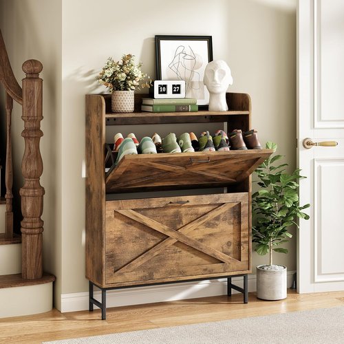 Kitstorack Shoe Storage Cabinet - Rustic Brown Freestanding Organizer with 2 Flip Drawers