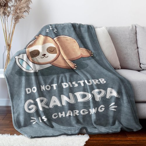 Funny Gifts for Grandpa, Grandpa is Charging Sloth Blanket, Grandpas Birthday Gift, Grandpas Gifts from Grandkids for Fathers Day Christmas, Soft Sloth Blanket for Grandfather 60" x 80"