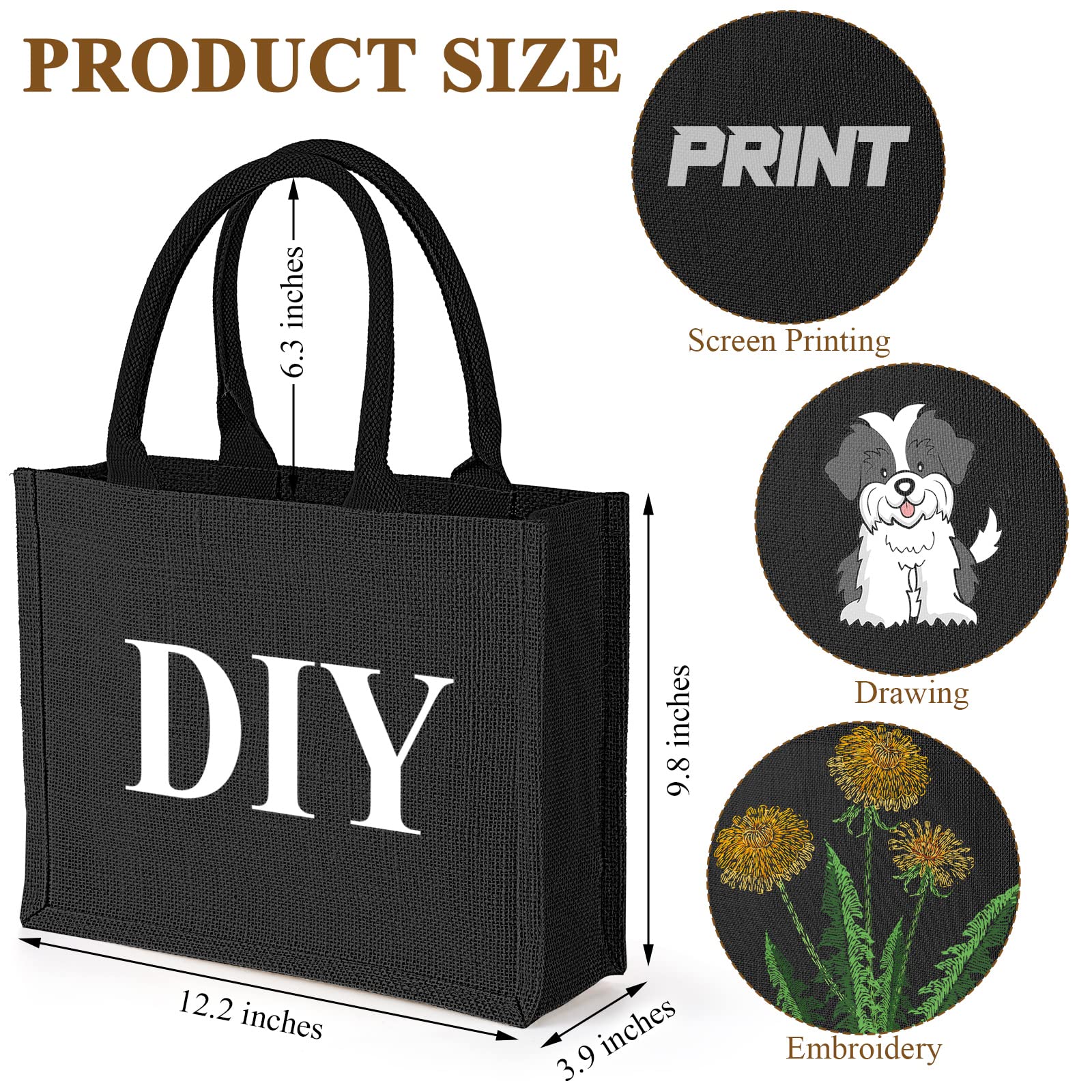 Reginary 12 Packs Black Burlap Tote Bags Jute Tote Wedding Bridesmaid Welcome Grocery Burlap Gift Bags with Handles Bulk Blank Shopping Kitchen Reusable for Market Beach DIY, 12.2 x 3.94 x 9.84 Inch