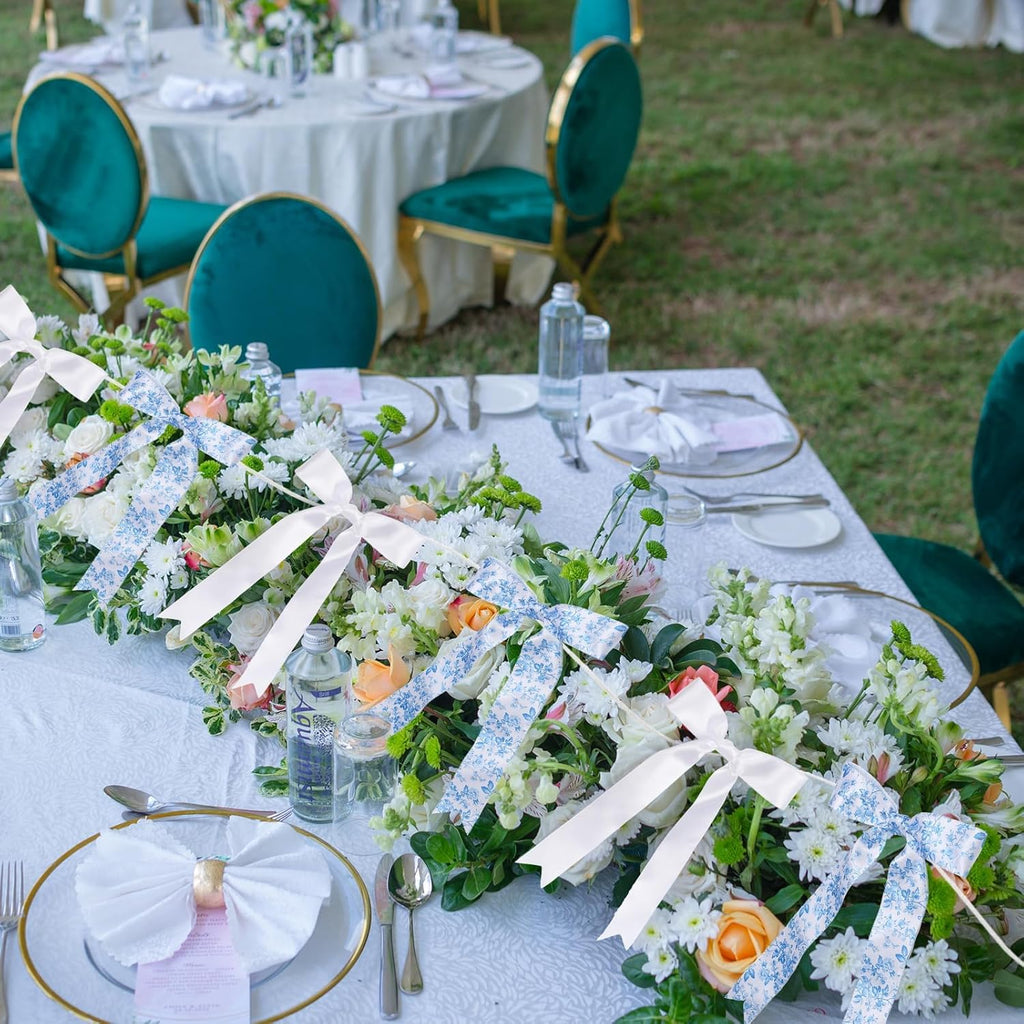 Skiennix Vintage Floral Bow Garland - 6.65 Ft Blue & White Satin Ribbon Banner for Weddings & Parties
