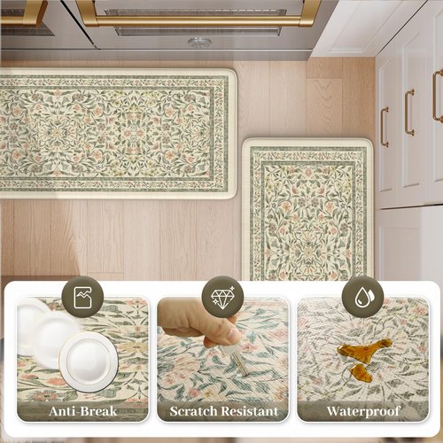 KIMODE Anti Fatigue Kitchen Mats for Floor, Boho Floral Kitchen Rugs Sets of 2, Cushioned Kitchen Floor Mats Non Slip, Comfort Spring Rugs for Kitchen Floor Sink Laundry Desk Beige 17.3"x29"+17.3"x47"