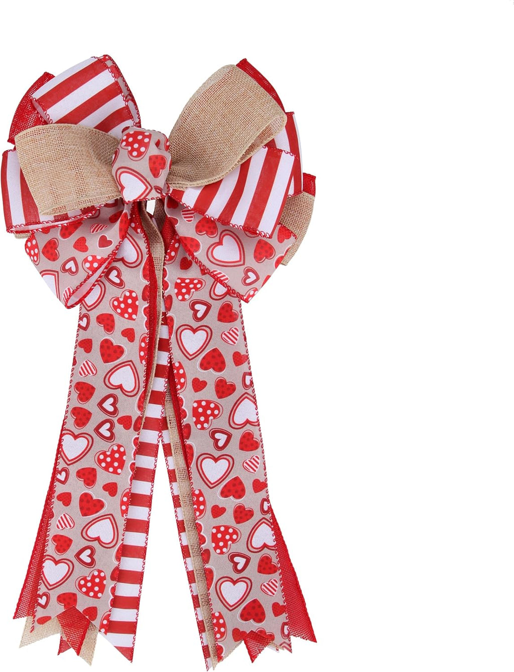 Meseey Valentine's Day Tree Topper Bow - Red Heart Print Burlap Bow for Indoor/Outdoor Decor