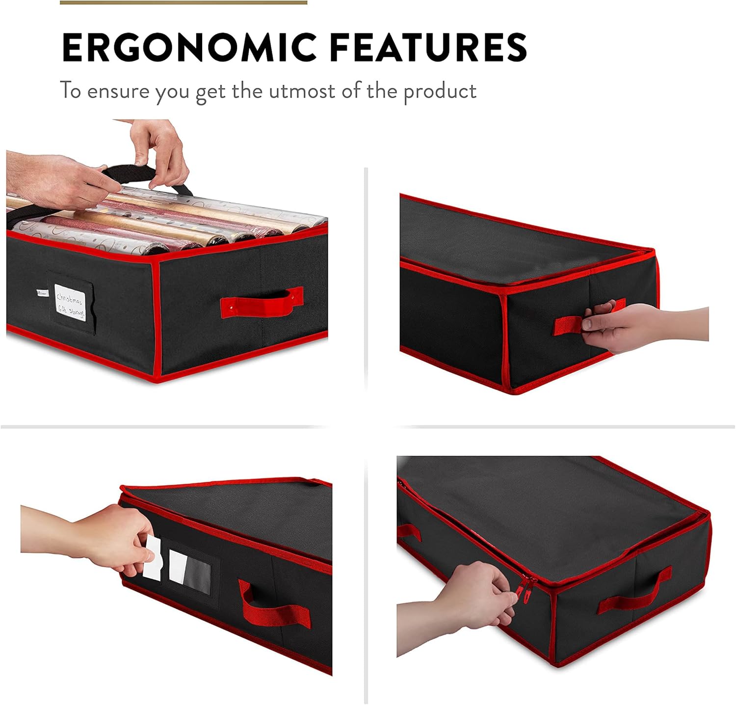 ZOBER Gift Wrapping Paper Organizer - 40" Storage for 24 Rolls with Pockets for Bows & Ribbons | Black/Red 600D Oxford
