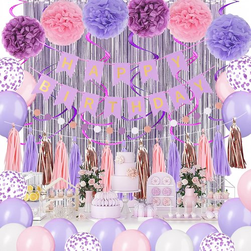 Purple Happy Birthday Party Decorations for Women Girls with Happy Birthday Banner,Paper Tassel,Tissue Paper Pompoms, Hanging Swirl,Circle Garland,Balloons for Party Decor