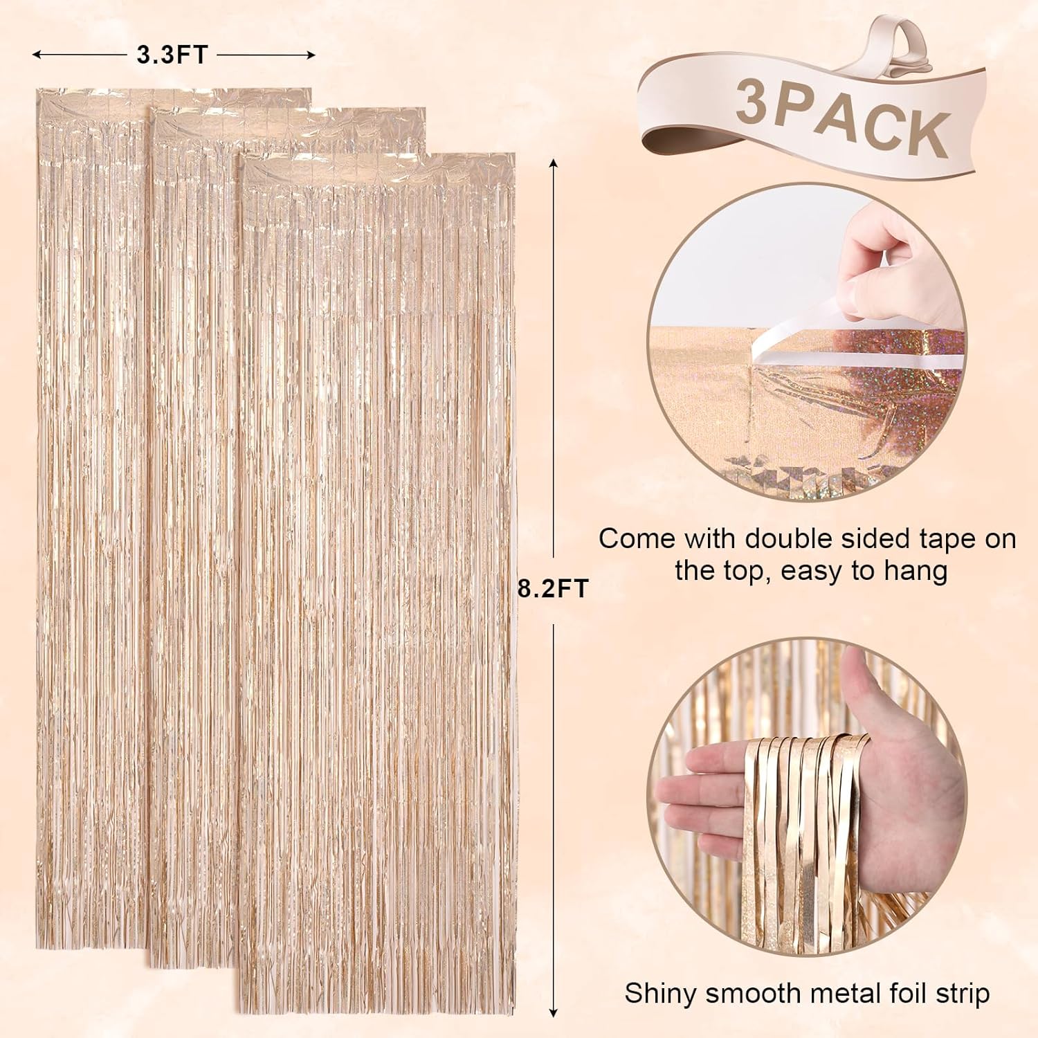 Voircoloria 3 Pack | 3.3 x 8.2 Ft Laser Champagne Foil Fringe Backdrop Curtains - Perfect for Parties & Events