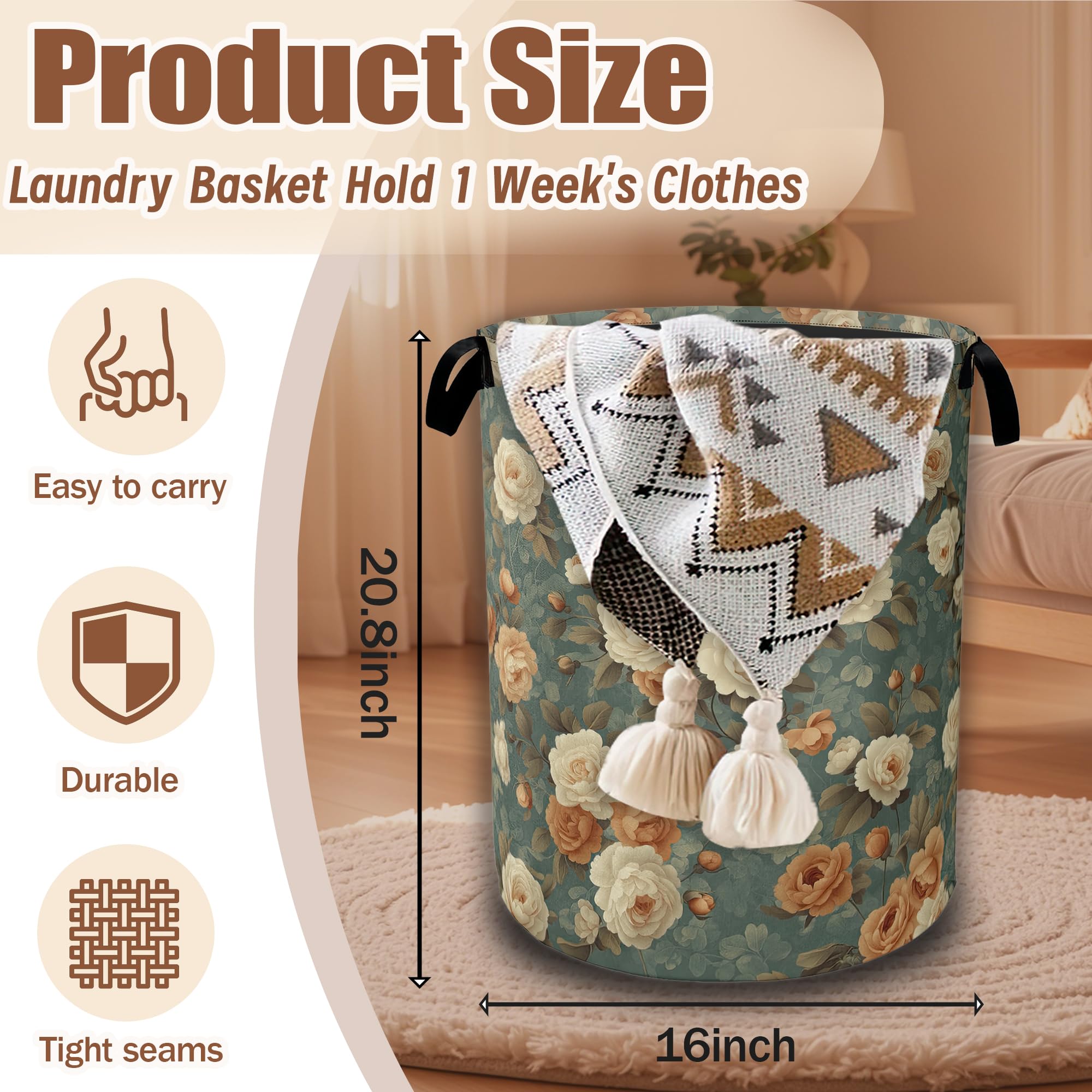 Vintage Rose Flower Laundry Hamper,Retro Floral Collapsible Laundry Baskets Waterproof Oxford Cloth With Handles,Clothes Storage Bucket Toy Organizer For Bathroom/Nursery/Bedroom 16" x 20.8"