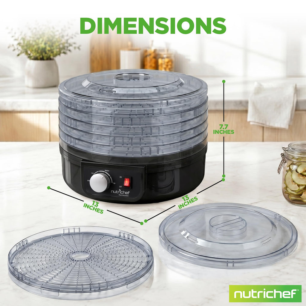 Nutrichef Electric Countertop Food Dehydrator | Professional Multi-Tier Food Preserver | Dehydrate Fish, Beef Jerky, Meats, Mushrooms, Fruits & Vegetables | 5 Stackable Trays for Easy Cleaning