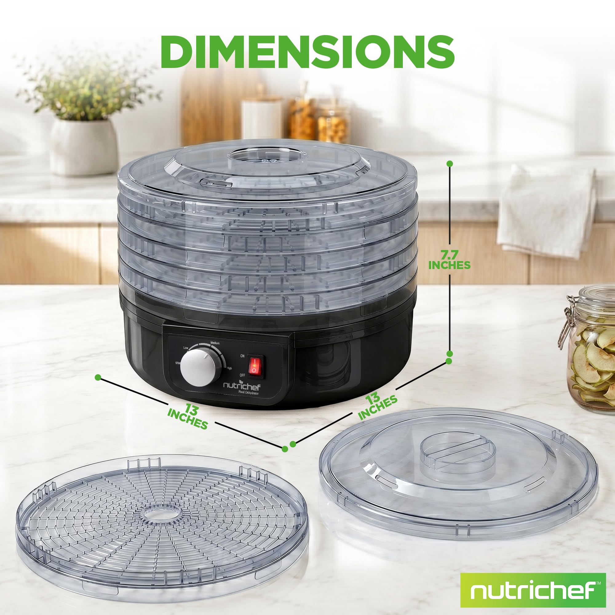 Nutrichef Electric Countertop Food Dehydrator | Professional Multi-Tier Food Preserver | Dehydrate Fish, Beef Jerky, Meats, Mushrooms, Fruits & Vegetables | 5 Stackable Trays for Easy Cleaning