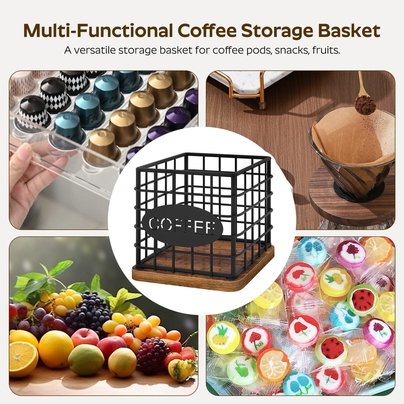 YATINEY Coffee Pod Holder for K Cup, Large Capacity Coffee Pod Organizer, Versatile Coffee Capsule Storage Basket with Wooden Base, Rustic Brown KH10BR