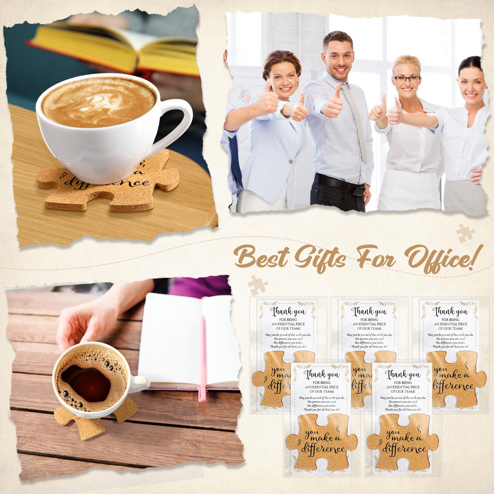 Hushee Inspirational Gift for Coworker Motivational Puzzle Piece Coasters Employee Appreciation Gifts with Cards Bags for Social Worker Staff Office(60 Pcs,You Make A Difference)