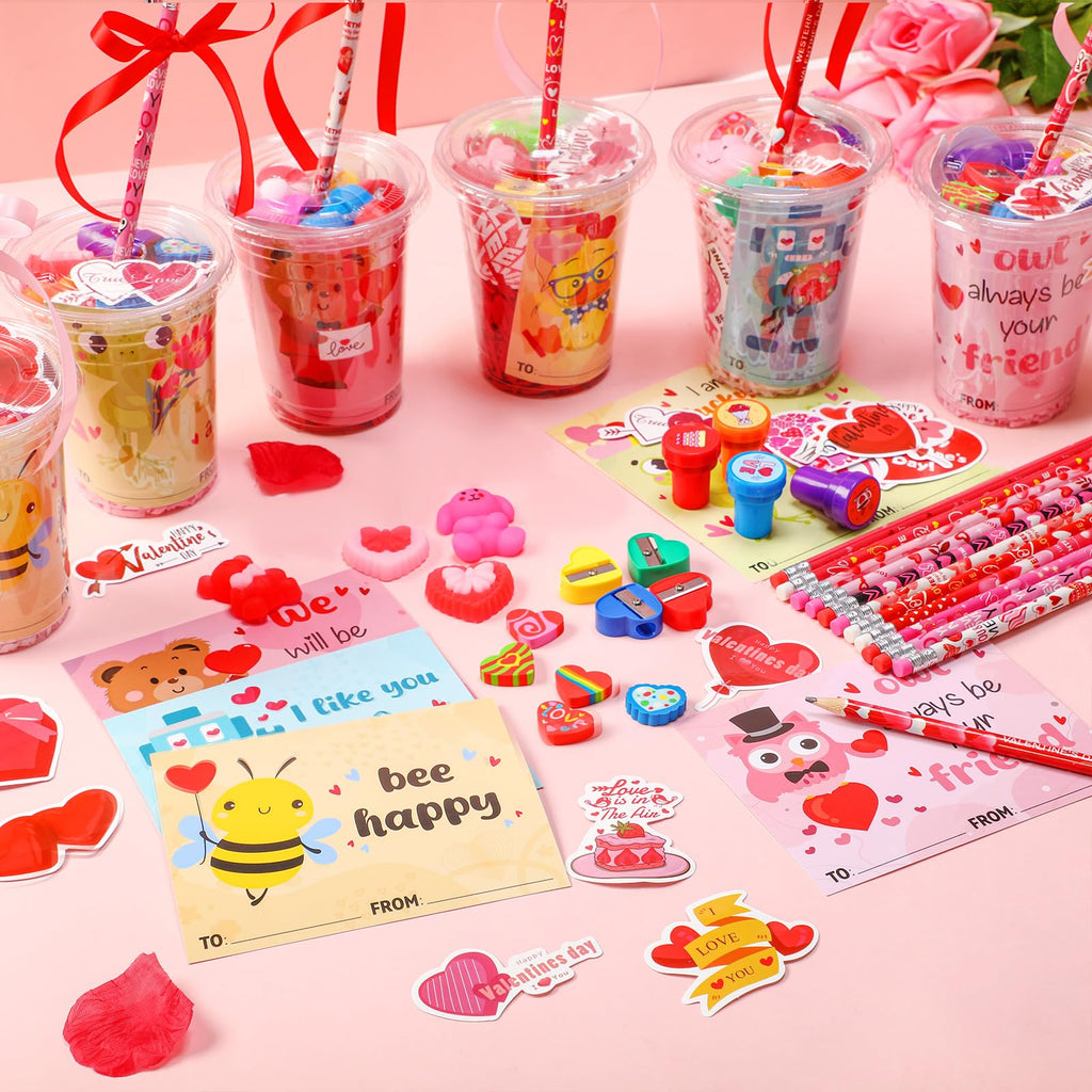 Vesici 323 Pcs Valentine's Day Gifts Bulk Valentines Party Favor Exchange Gift Galentines Supplies with Cup Cards Sticker Pencil Eraser Stamp