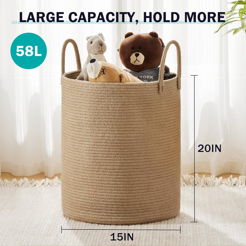YOUDENOVA Jute Rope Laundry Hamper - 58L Tall Basket for Baby Nursery & Blanket Storage - Large Jute