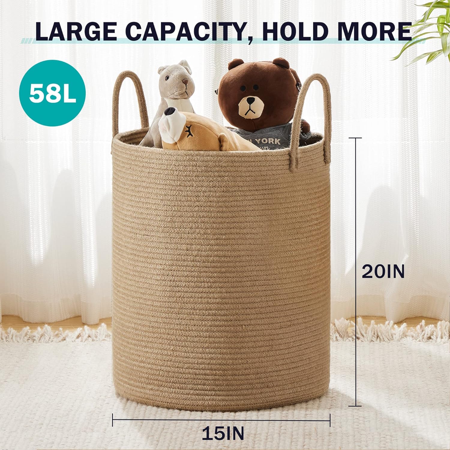 YOUDENOVA Jute Rope Laundry Hamper - 58L Tall Basket for Baby Nursery & Blanket Storage - Large Jute