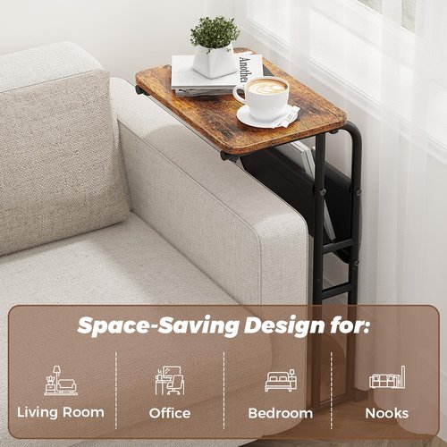 Olldide C-Shaped End Table with Storage Bag, Side Table for Living Room Bedroom, Slide Under Couch Sofa TV Trays Desk, Small Narrow Space Applicable, Rustic Brown