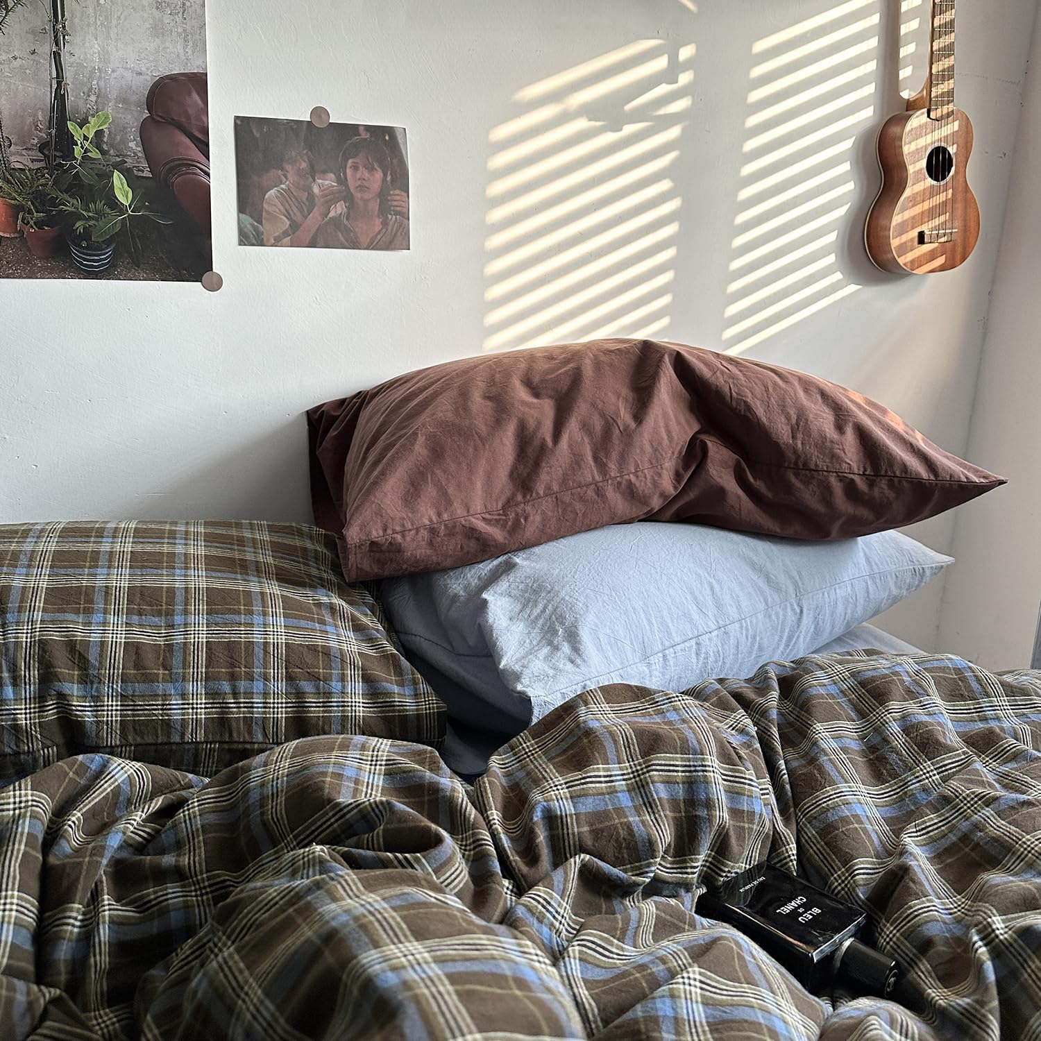 Mixinni Vintage Buffalo Plaid Duvet Cover Set - Soft & Breathable 3-Piece Queen Bedding in Brown & Blue