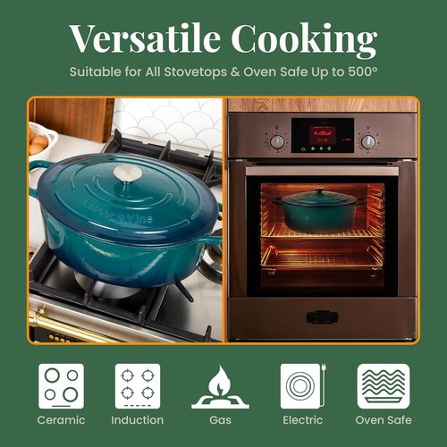 Larder & Vine Enameled Cast Iron Dutch Oven - 8 Qt Pot with Lid | Ideal for Bread Baking | Oven Safe to 500°F | Bondi Color