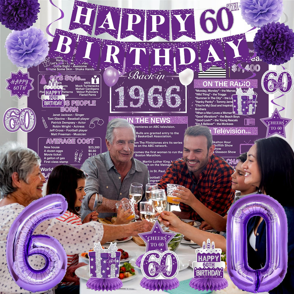 Crenics Purple 60th Birthday Decorations for Women - Back in 1966 Backdrop, Banner, Swirls, Centerpieces, Sash, Paper Pom Poms, Cake Topper and Balloons for 60 Birthday Party Supplies