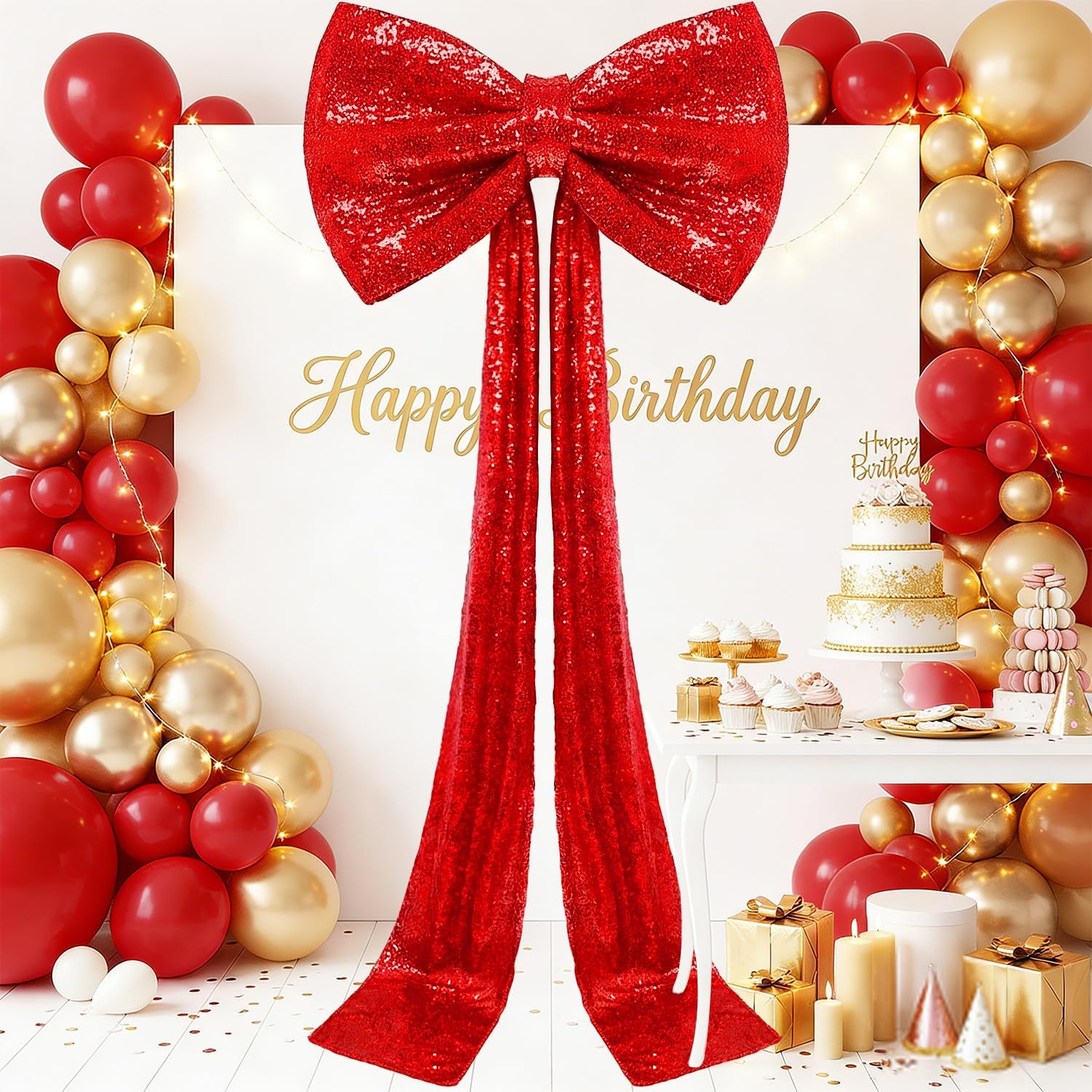 Skiennix Giant Red Sequin Bow - Oversized 75 x 23 Inch Decoration for Weddings & Parties