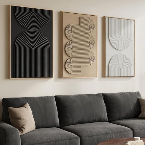 Boho Wall Art Set of 3 - Large 3D Textured Abstract Paintings for Modern Living Room Decor