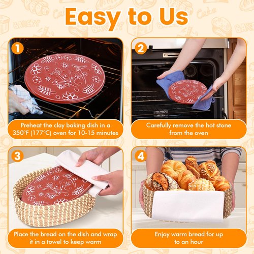 Bread Basket with Warming Stone and Lid -Terra Cotta Bread Warmer, 12.6 * 8.3 Oval Bread Basket with Warmer - Gifts for Hostess House Warming Bakers Christmas -Bread Warmer Cesta De Pao De Piedra