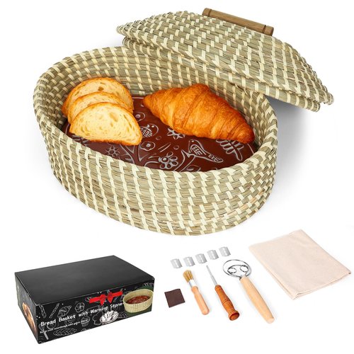 Bread Basket with Warming Stone and Lid -Terra Cotta Bread Warmer, 12.6 * 8.3 Oval Bread Basket with Warmer - Gifts for Hostess House Warming Bakers Christmas -Bread Warmer Cesta De Pao De Piedra