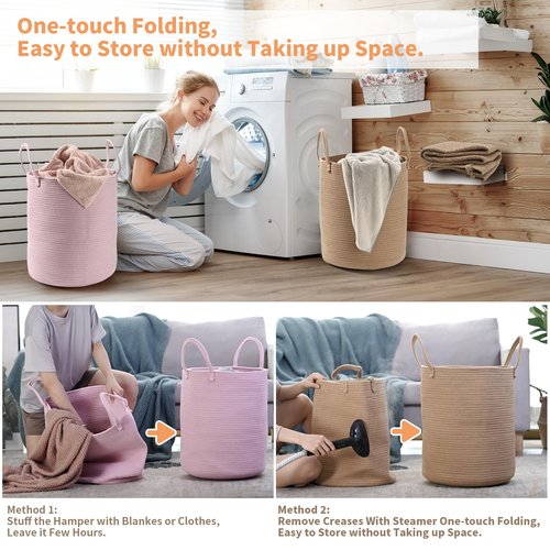 Happyiren 2-Pack Extra Large Cotton Rope Hamper Baskets – 15"x18" Oversized Woven Storage Bins for Blankets, Toys, Dirty Clothes – Pink & Beige Decorative Hamper for Nursery, Living Room, Laundry Room
