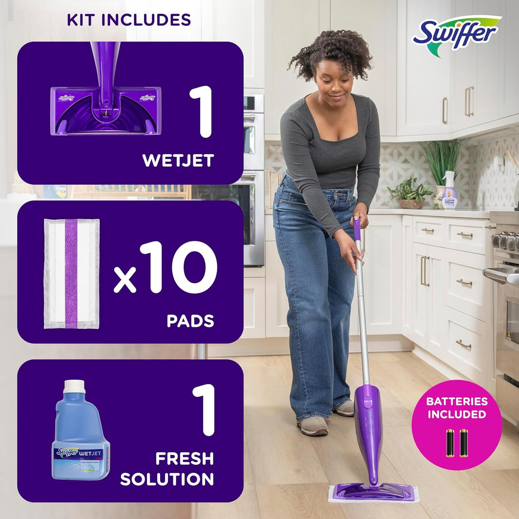 Swiffer WetJet Hardwood Floor Spray Mop Cleaner Kit - Includes Power Mop, 10 Pads & Solution