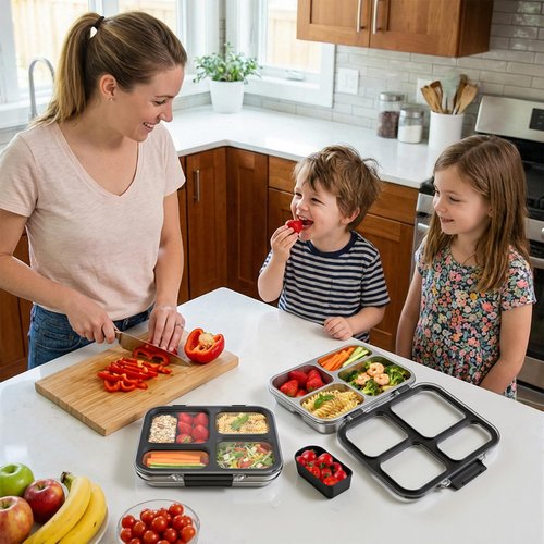 Eoika Stainless Steel Bento Box for Kids with Silicone Container, 4 Compartment Metal Lunch Box Kids Adults, Removable Silicone Seal & Clear Lid, Leak Proof Food Storage Container for MealBlack
