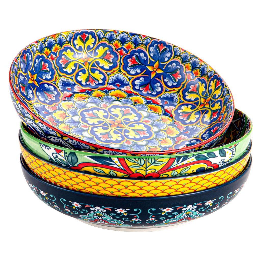 HENXFEN LEAD Pasta & Salad Bowls Set of 4, 45 oz Large Ceramic Serving Bowls – Colorful 9 Inch Wide & Shallow Bowls for Soup & Pasta, Microwave & Dishwasher Safe