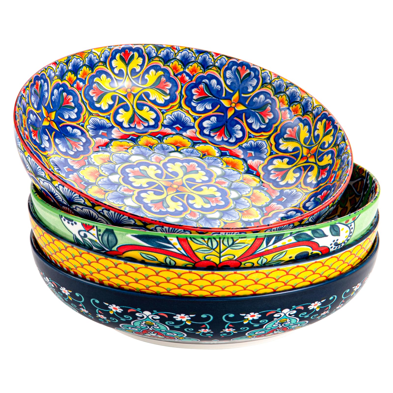 HENXFEN LEAD Pasta & Salad Bowls Set of 4, 45 oz Large Ceramic Serving Bowls – Colorful 9 Inch Wide & Shallow Bowls for Soup & Pasta, Microwave & Dishwasher Safe