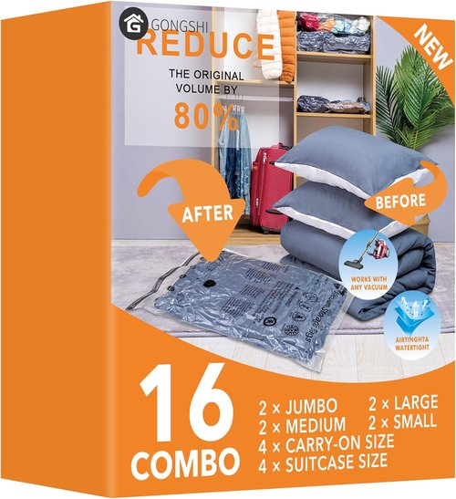 GONGSHI Vacuum Storage Bags - Space Saver Seal Bags for Clothing & Travel | 16 Combo Set