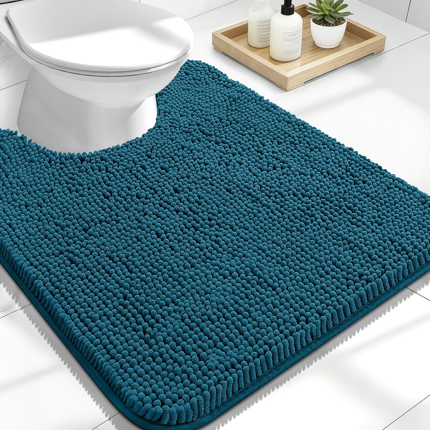 OLANLY U-Shaped Toilet Rug - Extra Soft Chenille Bathroom Mat | 24x20, Quick-Dry, Non-Slip, Peacock Blue