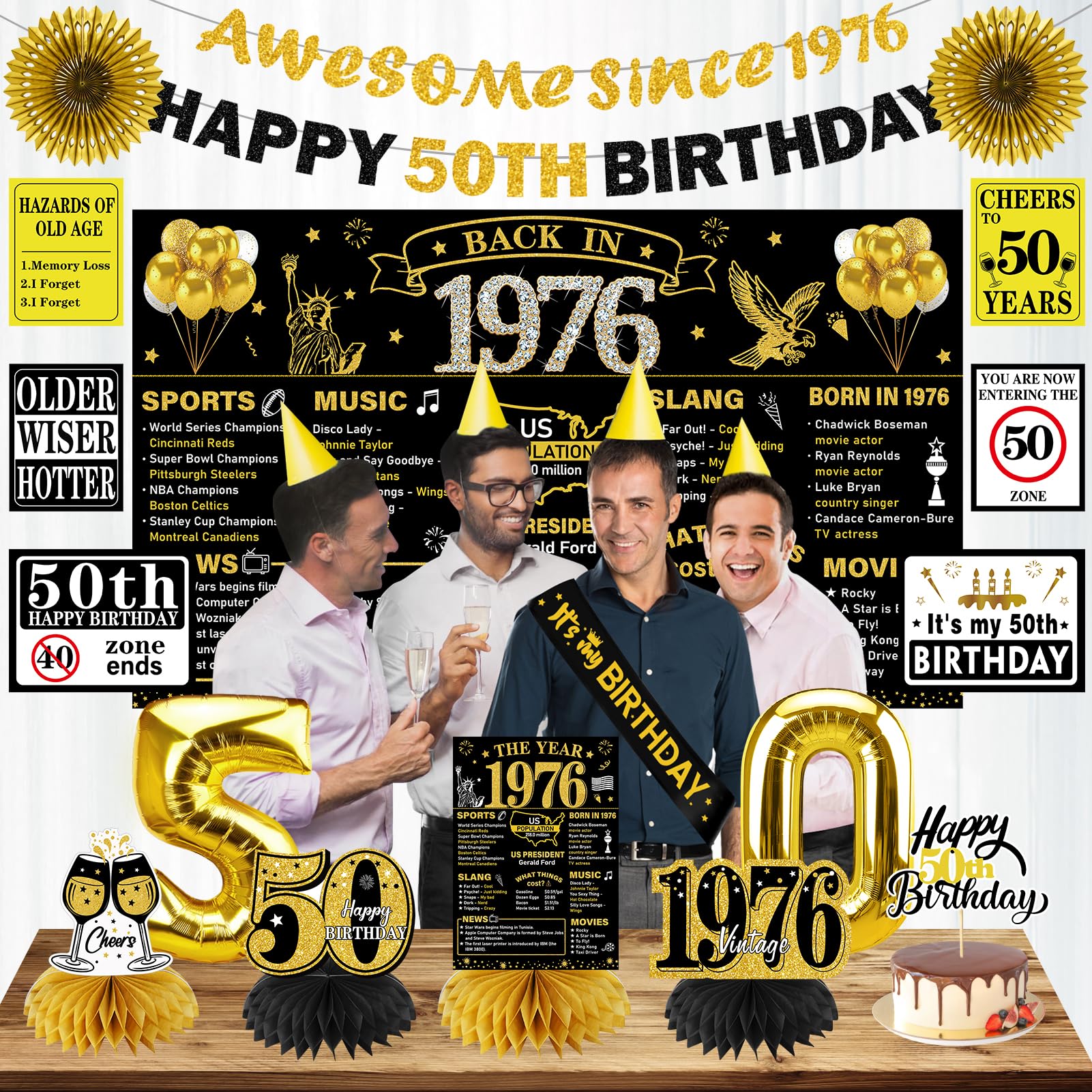 Turypaty 1976 50th Birthday Decorations for Men Women, Black Gold Happy 50 Years Old Birthday Banner Backdrop Wall Sign Balloons Sash Table Cake Topper Honeycomb Centerpieces Paper Fans Party Supplies