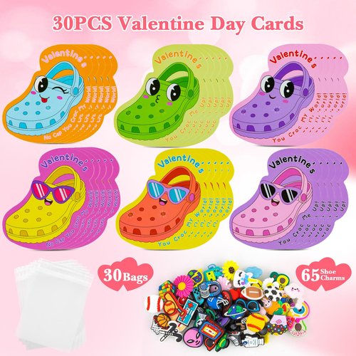 Valentines Day Cards for Kids School, 30 Pack Valentines Cards with 65 Shoe Charms Decor Bulk for Students Classroom Treats, Class Valentines Day Gifts for Kids Boys Girls Exchange Party Favors Prizes