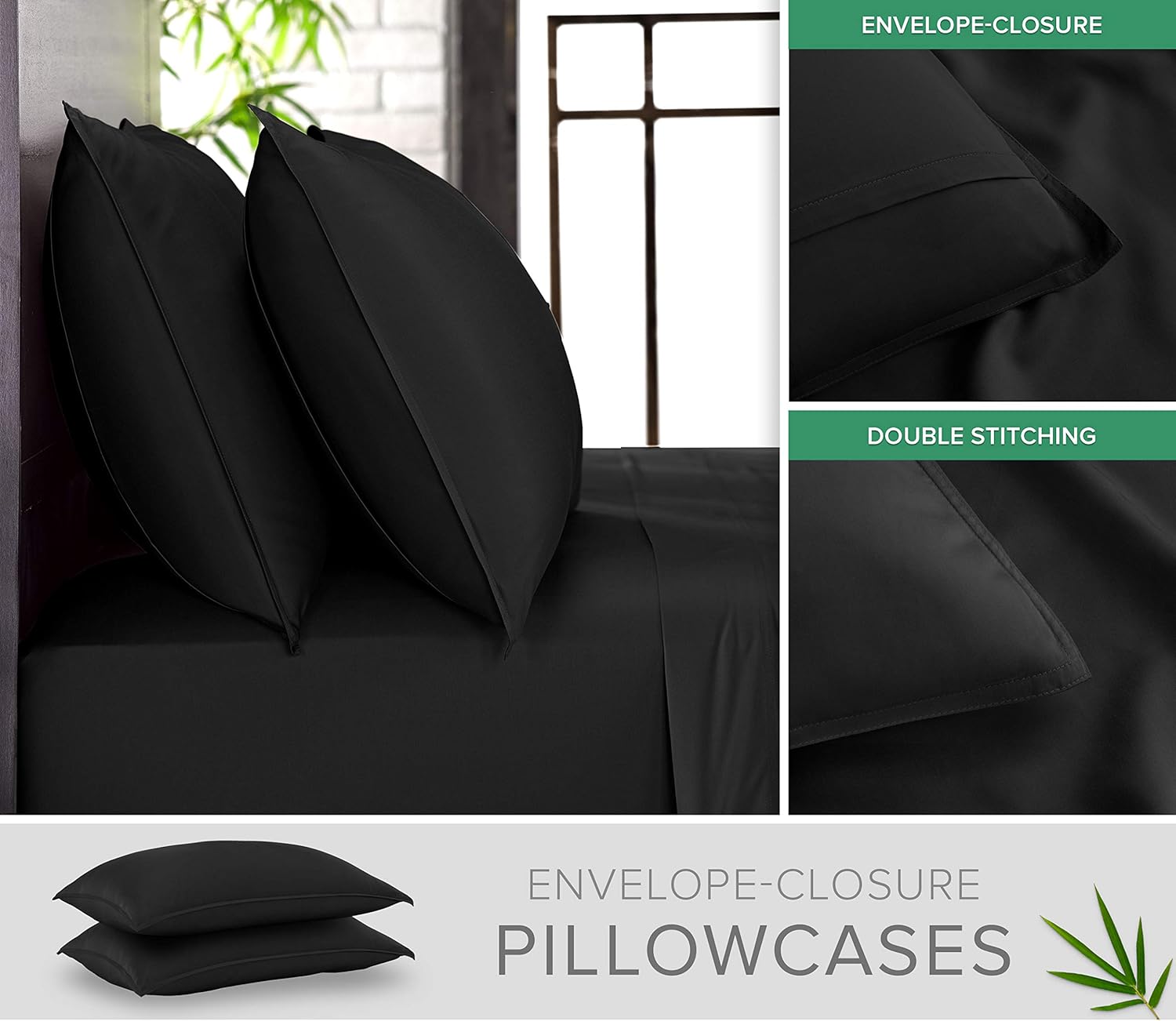 Pure Bamboo Full Bed Sheet Set - 100% Organic Viscose, Luxuriously Soft & Cooling, Double Stitching | Black