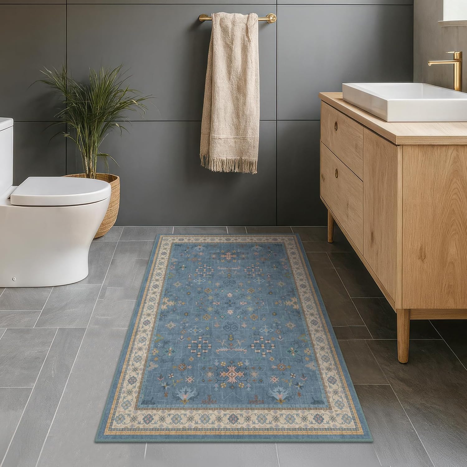 Washable 3x6 Throw Rug - Blue Non-Slip Indoor Rug for Kitchen, Entryway, Bedroom | Boho Modern Décor
